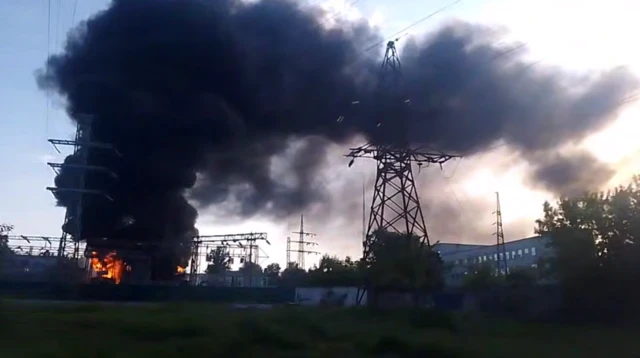 A screengrab from a video posted on Telegram earlier showing thick black smoke at the substation