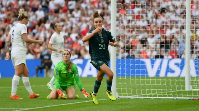 Lina Magull celebrates scoring against England at Wembley