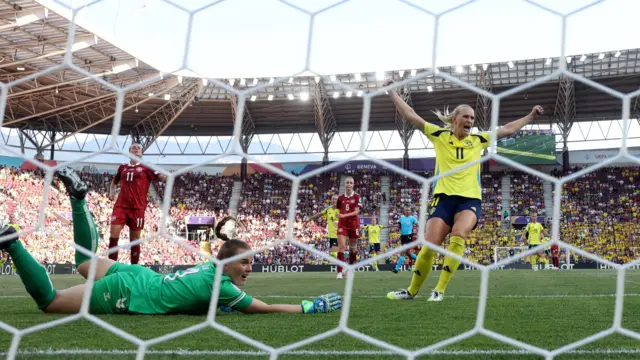 Sweden's Stina Blackstenius celebrates their first goal scored by Sweden's Filippa Angeldahl