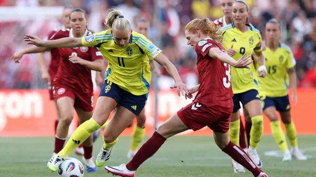 Stina Blackstenius of Sweden is challenged by Stine Ballisager Pedersen of Denmark during the UEFA Women's EURO 2025 Group C match between Denmark and Sweden