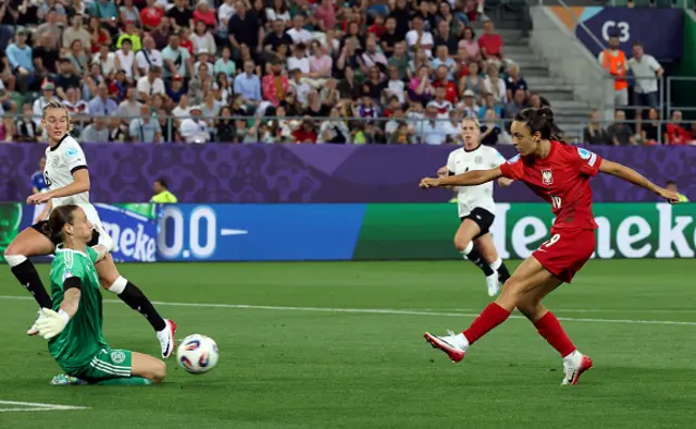 Natalia Padilla of Poland shoots as Ann-Katrin Berger of Germany attempts to make the save