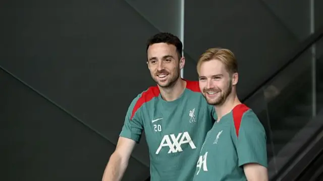 Diogo Jota and Caoimhin Kelleher of Liverpool during a training session in Philadelphia,