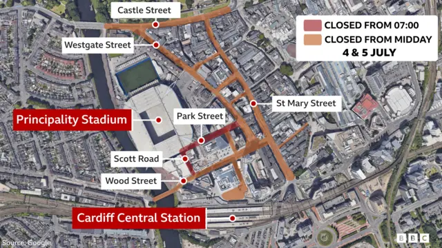 A  graphic showing the streets around the Principlaity Stadium and which are closed