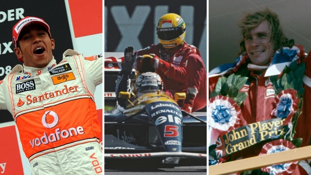A split image of Lewis Hamilton, Senna hitching a ride with Mansell and james Hunt