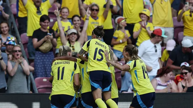 Filippa Angeldahl of Sweden celebrates her goal during the UEFA Womens EURO 2025 Group C match between Denmark and Sweden