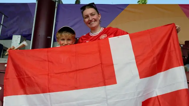 Fans of Denmark at the stadium before the UEFA Womens EURO 2025 Group C match between Denmark and Sweden at Stade de Geneve