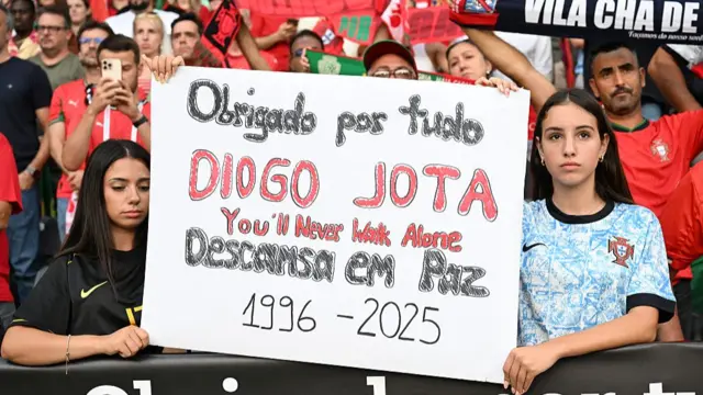 Portugal fans hold up a banner at their Women's Euros match against Spain