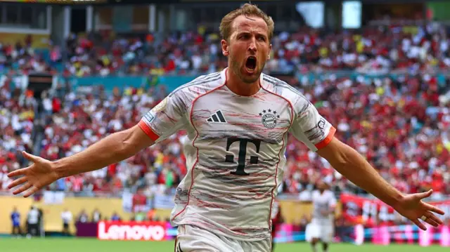 Harry Kane of FC Bayern Munchen celebrates scoring