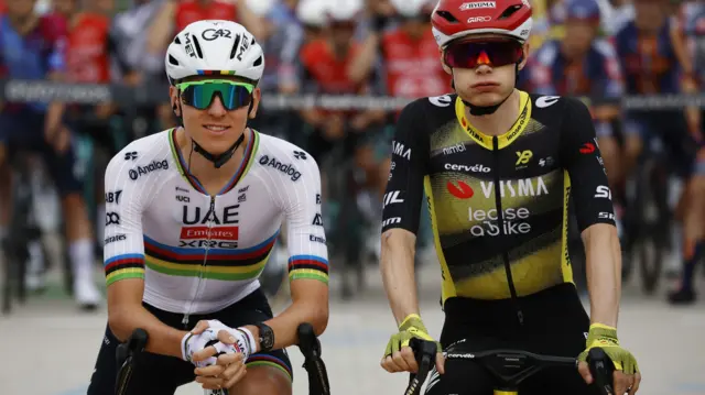 Tadej Pogacar and Jonas Vingegaard before the start of the 2025 Tour de France