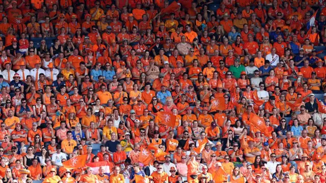 Fans of Netherlands show their support in the stand during the UEFA Women's EURO 2025 Group D match between Wales and Netherlands at Luzern Arena