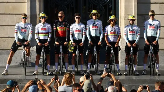 UAE Team Emirates-XRG riders at the presentation for the 2025 Tour de France