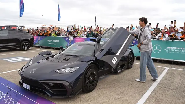 George Russell arriving at Silverstone