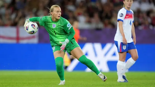 Hannah Hampton of England looks to pass the ball during the UEFA Women's EURO 2025 Group D match between France and England at Stadion Letzigrund
