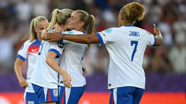 Alessia Russo of England celebrates scoring a goal which was later ruled out for offside with teammates Georgia Stanway and Lauren James during the UEFA Women's EURO 2025 Group D match between France and England