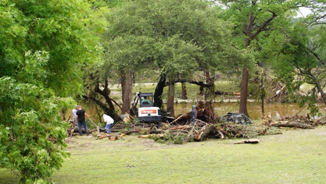 People collect felled tree branches along the river