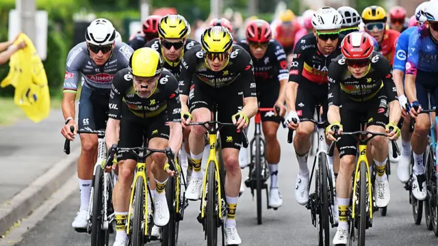 Visma-Lease a Bike riders during stage one of the 2025 Tour de France