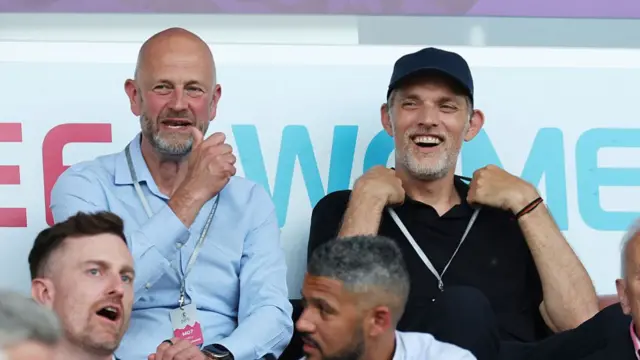 Mark Burrows, Deputy CEO at the FA (L), and Thomas Tuchel, Manager of England (R), are seen in attendance prior to the UEFA Women's EURO 2025 Group D match between France and England