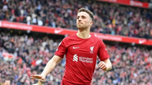 Diogo Jota celebrating scoring a goal on the pitch
