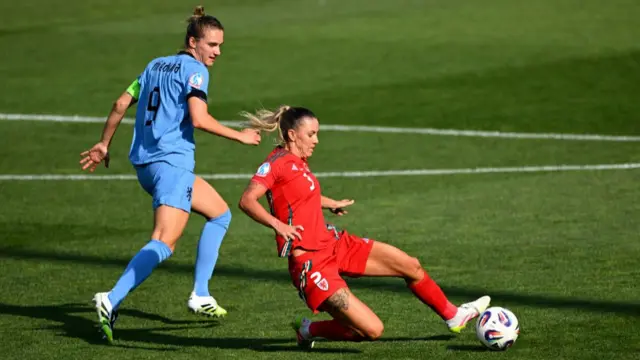 Netherlands' Vivianne Miedema in action with Wales' Gemma Evans