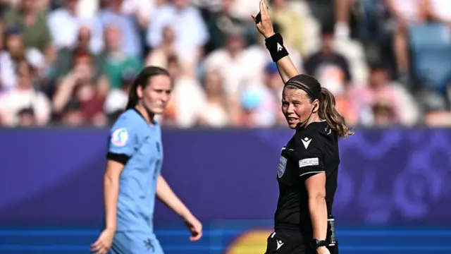 Danish Referee Frida Klarlund reacts during the UEFA Women's Euro 2025 Group D football match between Wales and The Netherlands at the Allmend Stadion Luzern