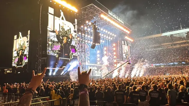 Audience have devil horn signs made by their hands as they salute the band