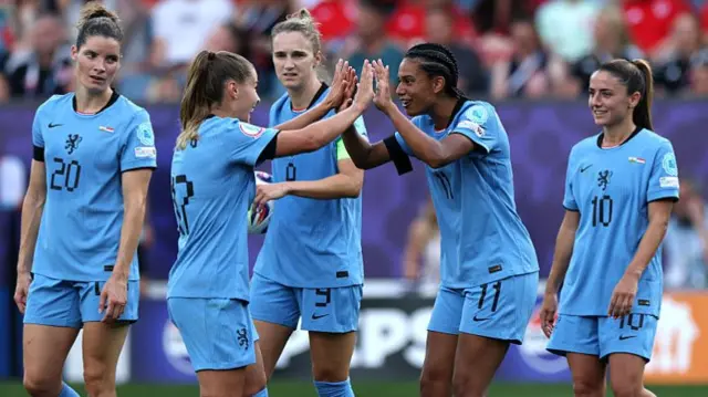 Esmee Brugts of the Netherlands celebrates scoring her team's third goal with teammate Victoria Pelova during the UEFA Women's EURO 2025 Group D match between Wales and Netherlands