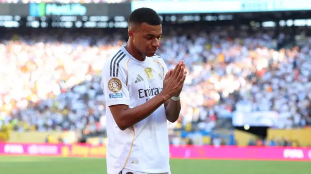 Kylian Mbappe celebrates after scoring for Real Madrid