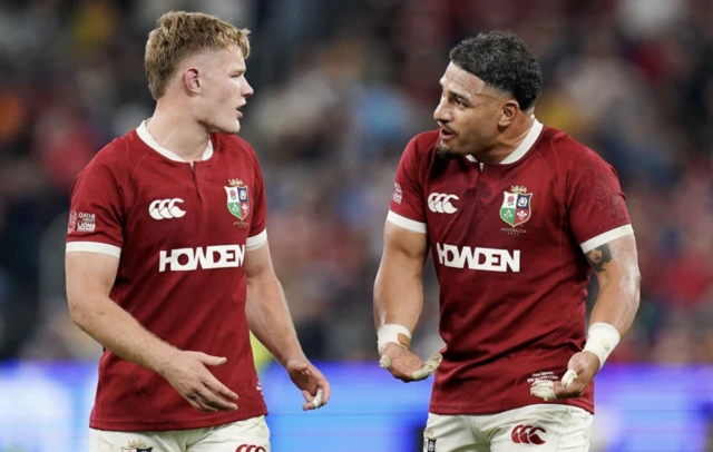 British and Irish Lions' Fin Smith (left) and Sione Tuipulotu