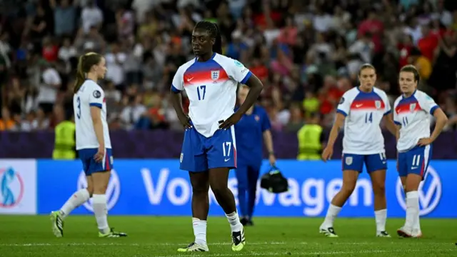 England's forward #17 Michelle Agyemang looks on following the team's 2-1 defeat to France in the UEFA Women's Euro 2025 Group D football match between France and England