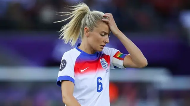 Leah Williamson of England reacts after conceding during the UEFA Womens EURO 2025 Group D match between France and England