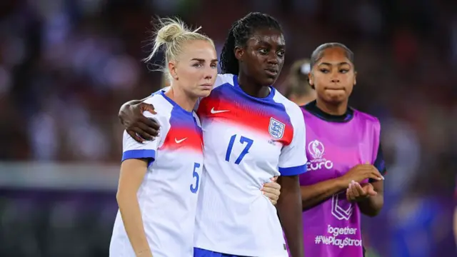 Alex Greenwood of England looks dejected with Michelle Agyemang after the UEFA Womens EURO 2025 Group D match between France and England at Stadion Letzigrund