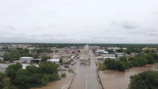 A drone view of a house swept down the road following torrential rains that unleashed flash floods along the Guadalupe River in San Angelo, Texas, U.S., June 4, 2025