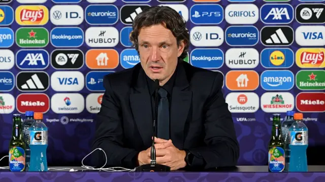 Laurent Bonadei, Head Coach of France, speaks to the media in a post match press conference following the team's victory in the UEFA Women's EURO 2025 Group D match between France and England at Stadion Letzigrund