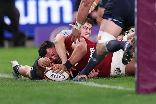 Ellis Genge of the British and Irish Lions scores a disallowed try