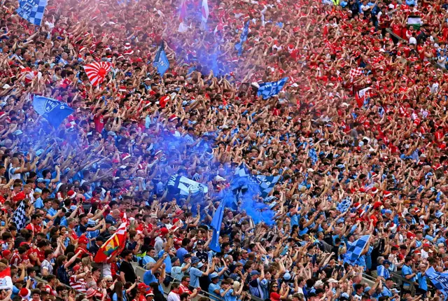 Cork and Dublin fans on the Hill