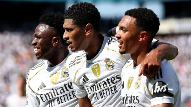 Vinicius Junior, Jude Bellingham, and Trent Alexander-Arnold of Real Madrid C.F. celebrate