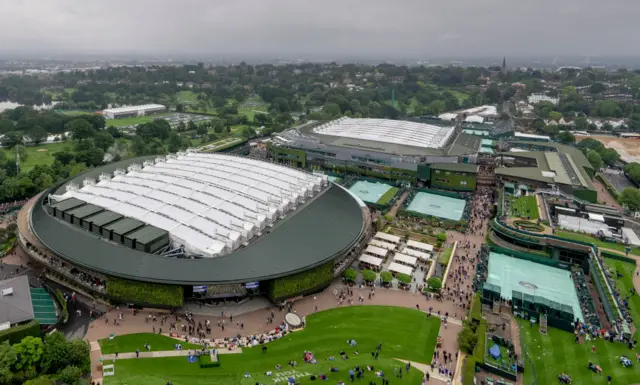 An aerial view of the Wimbledon ground with Centre Court and Court One
