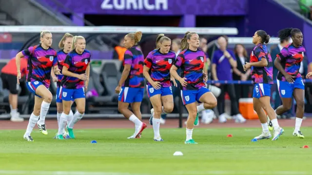 England squad warming up during the UEFA Womens EURO 2025 Group D match between France and England at Stadion Letzigrund on July 5, 2025 in Zurich, Switzerland.