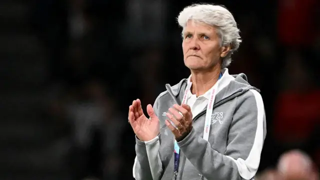 Switzerland's Swedish head coach Pia Sundhage claps from the sideline