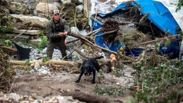A black labrador walking amongst wreckage with an official closely behind