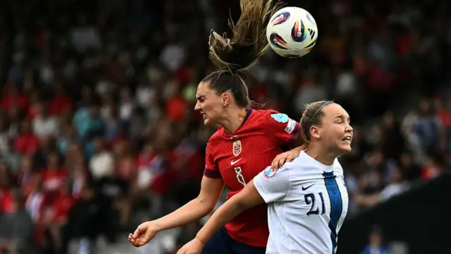 Norway's midfielder #08 Vilde Boe Risa fights for the ball with Finland's forward #21 Oona Sevenius during the UEFA Women's Euro 2025 Group A football match between Norway and Finland at the Stade de Tourbillon in Sion