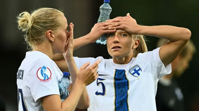 Finland's defender #05 Emma Koivisto reacts at the end of the UEFA Women's Euro 2025 Group A football match between Norway and Finland at the Stade de Tourbillon in Sion
