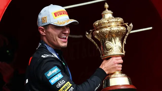 Lando Norris holds the British Grand Prix trophy