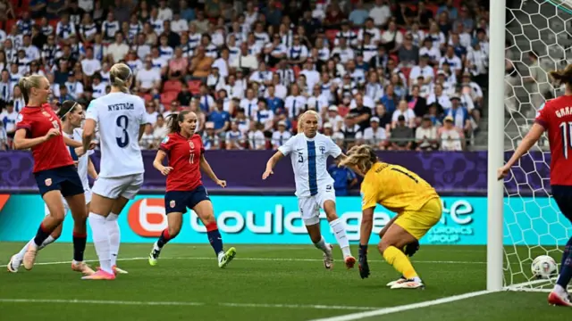 Finland's defender #03 Eva Nystrom scores an own goal during the UEFA Women's Euro 2025 Group A football match between Norway and Finland at the Stade de Tourbillon in Sion