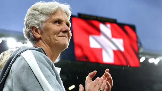 Pia Sundhage, Head Coach of Switzerland, applauds prior to the UEFA Women's EURO 2025 Group A match between Switzerland and Iceland at Stadion Wankdorf