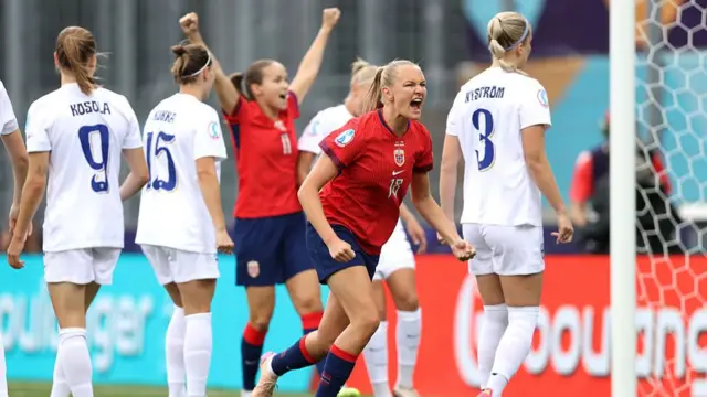 Frida Maanum of Norway celebrates after Eva Nystroem of Finland scores a own goal and Norway's first during the UEFA Women's EURO 2025 Group A match between Norway and Finland at Stade de Tourbillon
