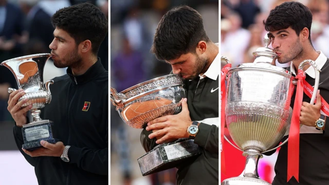 Carlos Alcaraz kissing the Italian Open trophy (left), Carlos Alcaraz kissing the French Open trophy (centre) and Carlos Alcaraz kissing the Queen's trophy (right)