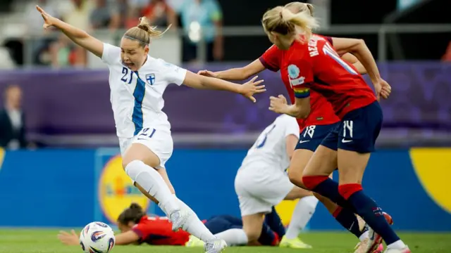 Oona Sevenius of Finland Women , Ada Hegerberg of Norway Women during the EURO Women match between Norway Women v Finland Women at the Stade de Tourbillon