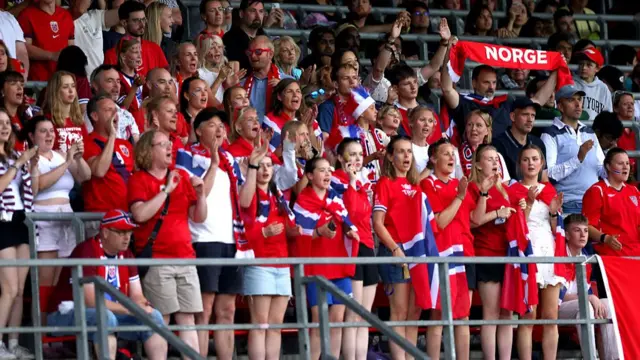 Fans of Norway show their support in the stands during the UEFA Women's EURO 2025 Group A match between Norway and Finland at Stade de Tourbillon