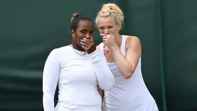 Taylor Townsend of United States interacts with Katerina Siniakova of Czechia